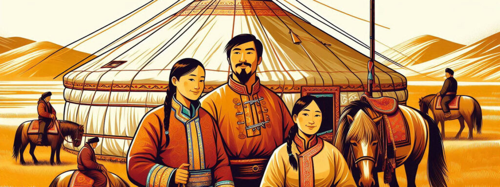 Famille nomade devant yourte dans la steppe