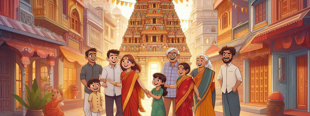 Famille devant un temple en Inde