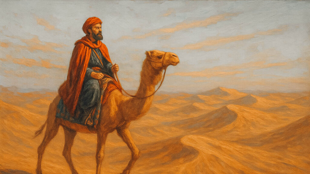Chant des dunes dans le désert, voyageur à dos de chameau à l’écoute du sable